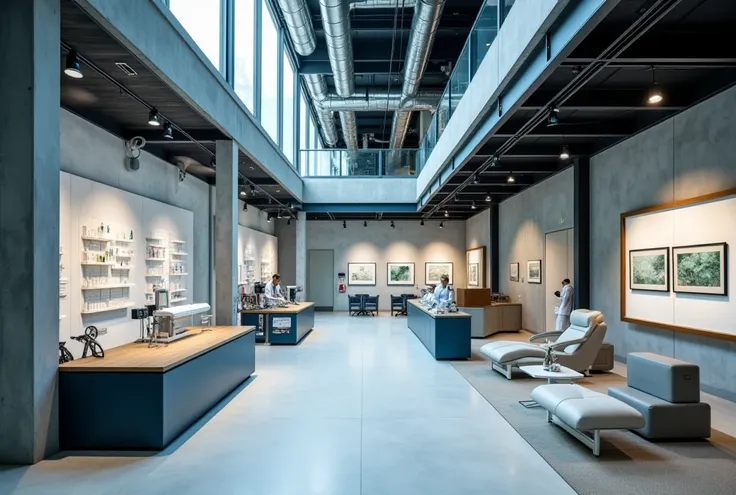 5.  Industrial style clinic design with concrete,  metal and open space . Strong lighting ,  combined with modern display details .  The image has a soft focus ,  with the foreground in sharp detail and a slight blur effect applied to the background,
