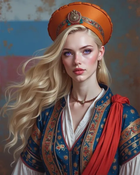 Young woman with blond purple eyes
Russian national costume orange hat
red clothes