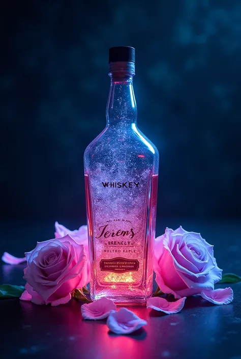 Blue and pink neon whiskey bottle with roses glowing dark whiskey 