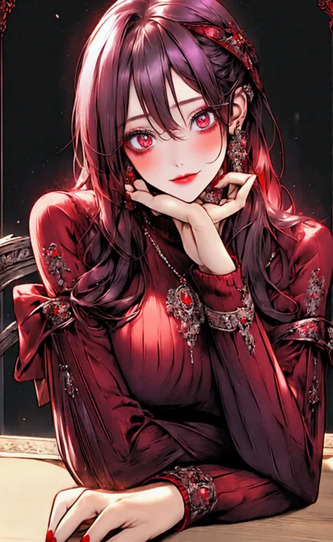 red eyes, detailed pupils, beautiful girl, high quality, masterpiece, {cinematic lighting}, intricate and vibrant colours, {medium large breasts}, {wearing red sweater}, seated on chair, one palm presses presses against chin with its elbow resting on table...