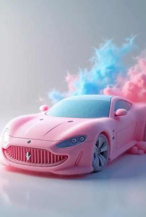 Big hyper realistic car made out of cotton candy