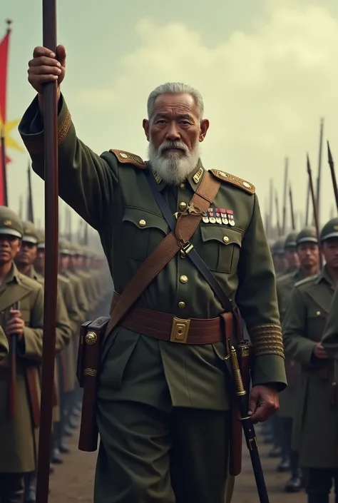  Make me an image :  Old Vietnamese man  (  brave face , majestic ,  great general ,)  holding a sword rising high  ,  standing in front of thousands of old Vietnamese soldiers 