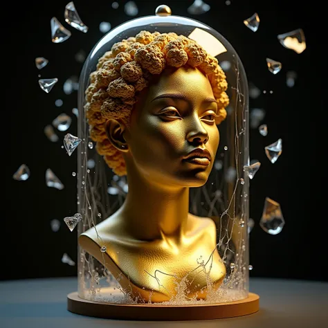 A highly detailed and realistic golden porcelain bust of a 25-year-old Afro-Latina woman with curvy hair, where the roots of her hair are straight. The bust is enclosed in a shattered glass dome, with shards flying outward in the shape of diamond-like spik...