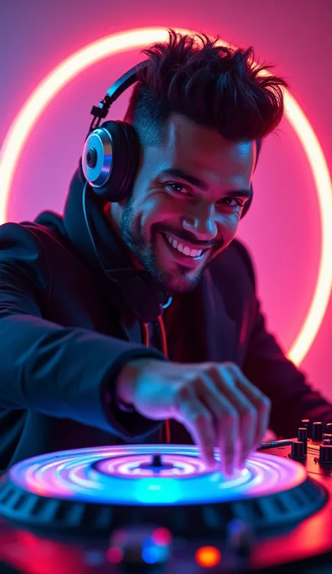  image of a handsome face DJ smiling like Ricky Martin in a futuristic headphone with multicolored dancing turntable . Musical notes emerge from neon discs 