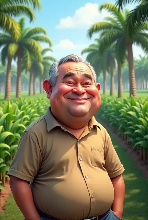 Caricature 4D, a slightly chubby 50-year-old man wearing a light brown shirt against the background of a palm oil plantation, HD, 4k, FOCUS