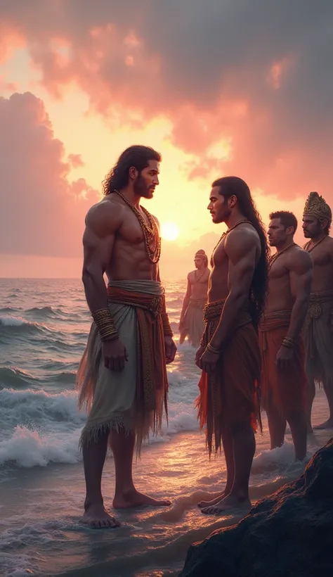 A dramatic and inspiring scene where Rama, Lakshmana, Hanuman, and a group of vanaras (monkey warriors) are standing on the shore, looking across the vast ocean towards the distant island of Lanka. The sky is filled with a mixture of soft pink and orange h...