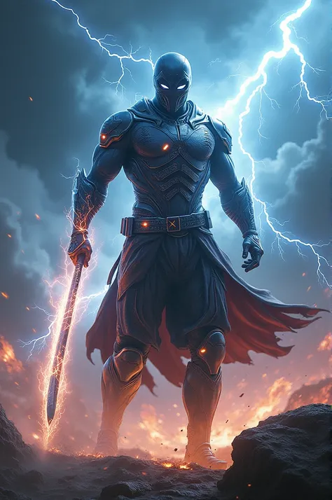 A Thunder Breathing swordsman in a lightning-inspired superhero suit. His sword glows with electric energy as he moves at lightning speed.