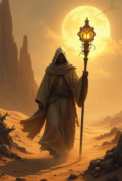 The wizard alone in desert with lantern and staff