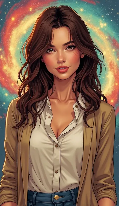 "An adult American woman in a comic book style, with realistic and elegant features. She is dressed in discreet, casual attire, such as a neutral-colored blouse and simple cardigan, appropriate for an understated yet refined look. Her hair is naturally sty...