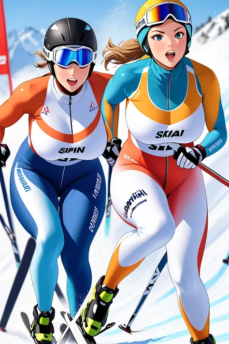 female skiers skiing in a sprint ski competition, covered gigantic breasts, braless