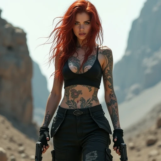 White skin woman with dark cherry red hair, blue eyes and tattoos in a post-apocalyptic world wearing black oversized cargo pants and fight with P80 g19 guns