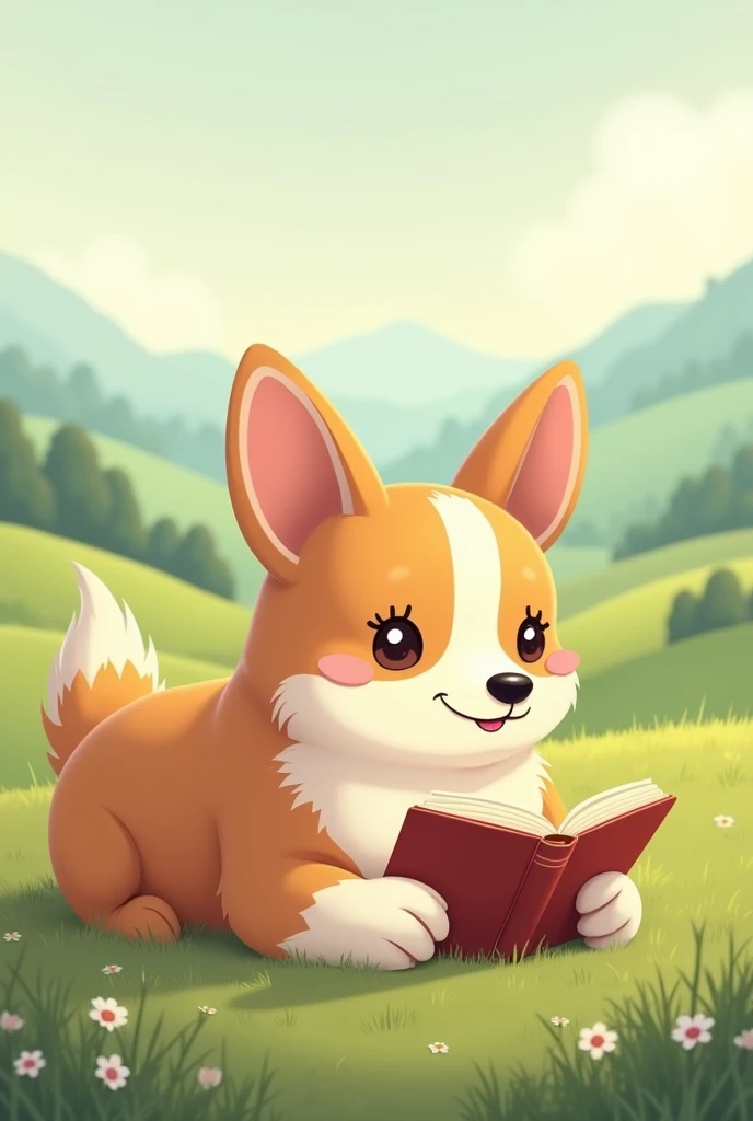 Drawing corgi lay and holding a book horizon