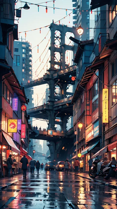 ((masterpiece)),(( top quality)),(( high detail)),(( realistic ,)) Future City,  Deep canyons ,  Architecture view from the city , Bazaar, bridge,  cyberpunk,  European architecture , Rainy Night, neon,  futuristic motorcycles