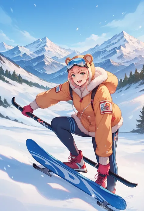 snowy mountains, Downhill on skis, Bear costume, anime, super detail, best quality