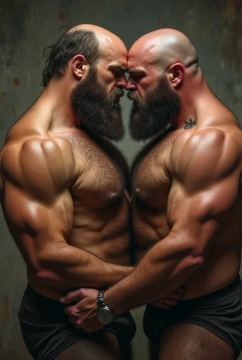 Two fat chub men bald thick beard hairy chest having sex rough full body view, one is sticking his dick into the ass of the other guy rough, 