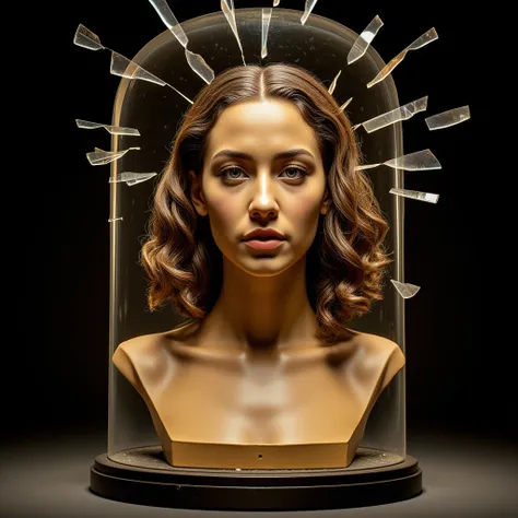 A highly detailed and realistic golden porcelain bust of a 25-year-old Afro-Latina woman with curvy hair, where the roots of her hair are straight. The bust is enclosed in a shattered glass dome, with shards flying outward in the shape of diamond-like spik...