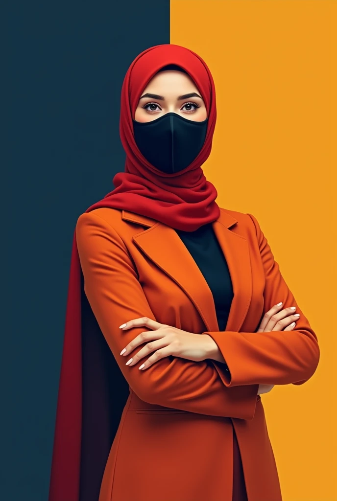 Create a professional and refined digital illustration of a woman wearing a black mask and a red hijab. She is dressed in either a sleek orange-red outfit (if the outfit is orange, the background should be #060678, a deep blue) or a stylish blue outfit (if...