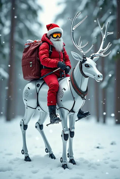 A minimalist and abstract cyberpunk reindeer featuring highly detailed robotic elements with polished white plastic textures. The reindeer stands on four legs. Sitting as a rider on the reindeer is Santa Claus in red, wearing climbing goggles and holding a...