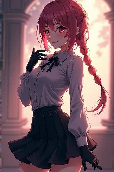 Hentai anime girl in black skirt gray blouse and black glove