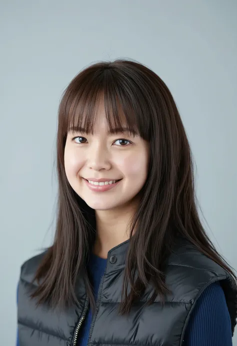 young Japanese woman、 tabe mikako、black hair、 ear piercing、 smile showing teeth 、 beautiful alignment of teeth、 black down jacket、Gray background