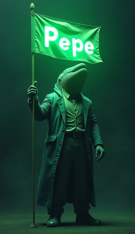 Whale Wearing Coat Pant And Holding A Banner In Banner Written "Pepe" With Glowing Green Neon Effect 