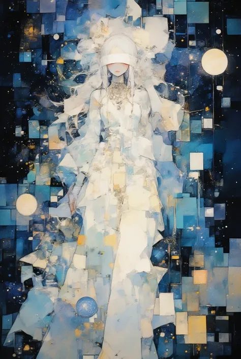 1 Gender unknown,  long white hair, white blindfold ,  cosmic background 