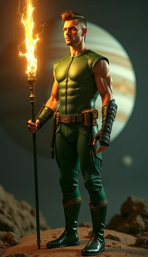 Full body photorealistic shots of handsome hunky slender brown undercut ponytail haircut male Jupiter Planet Prince, Warrior., wearing a green micro scales textured tight fit leather spandex costume with gloves and belt and boots. Holding a magical glowing...