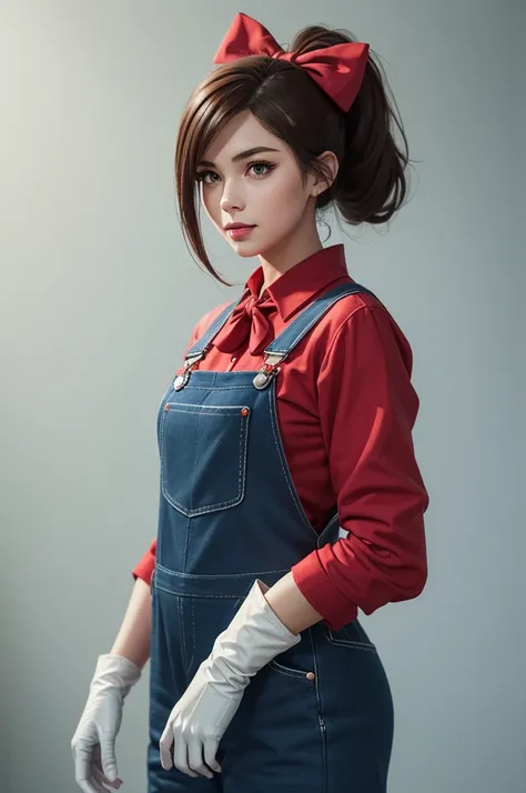 Moody Kawaii style, (3D realism) ((Pluralistic)), (artwork, best quality), intricate details, attractive, alone, 1woman character with ((brown hair)). Her hair is tied back in a ponytail. (A red big bow). ((A red shirt, long sleeves rolled up)). ((dark blu...