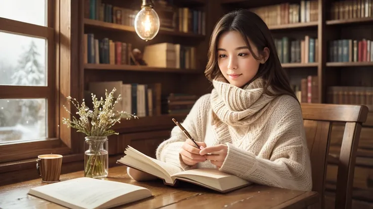 8k, RAW photo, best quality, masterpiece:1.2), (realistic, photo-realistic:1.4), (extremely detailed 8k wallpaper).A beautiful girl sitting by a frosty window in a cozy winter library, her expression tender and lifelike as she gazes at the snow falling gen...