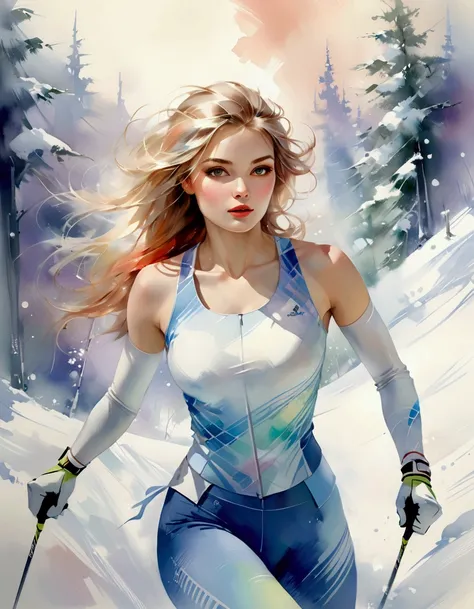 Female model in ski sprint, Horizontal fringe hair, super cute. Skisprint advertisement, Dynamic Motion, high-end fashion illustration, magazine illustration, watercolor illustration style, Womens ski sprint, Motion Blur, Iridescent pastel tones, (tachisme...