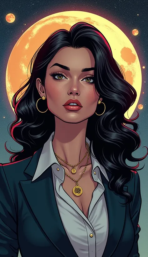 "A beautiful woman with strong yet realistic features in a comic book style, her expression mysterious and serene, reflecting a connection to astrology and zodiac themes. She is dressed in modest, elegant, and professional attire, such as a tailored blouse...