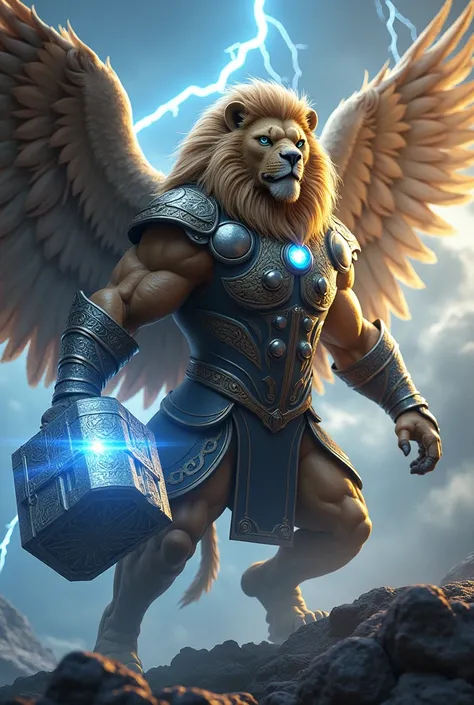 A majestic anthropomorphic animal hybrid inspired by Thor, the Norse God of Thunder. The creature is a powerful lion-eagle hybrid with a muscular lions body and a massive pair of golden eagle wings. It wears Asgardian-style armor adorned with intricate Nor...