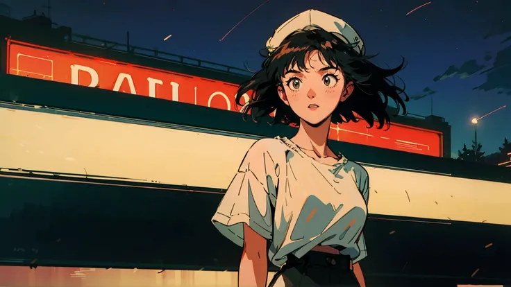 Station platform at dusk、 A young girl with black bob hair and an adult-like expression is wearing a cap、 I look up at the night sky while waiting for the train 。 shes wearing a white t-shirt 、The wind is blowing、My hair is fluttering 。background、 electric...