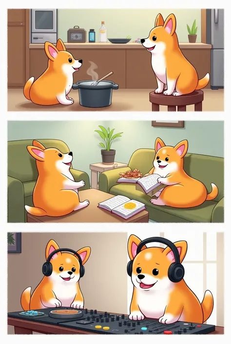 make a storyboard a corgi was cooking next is a corgi was laydown and holding a book next is a corgi was listening to the music and wear headphone next is a corgi was being a producer 

