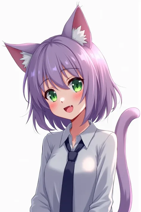 30-year-old man,  брутальный мужчина, мускулистый мужчина, [[[girl]]], [[[ woman ]]], (((White cat ears))), ((( green eyes ))), хмурые брови, строгий взгляд, (((веселая  улыбка))), (((smile : 1.5))), ((( cat tail :1.5))), smooth purple combisone,  white ba...