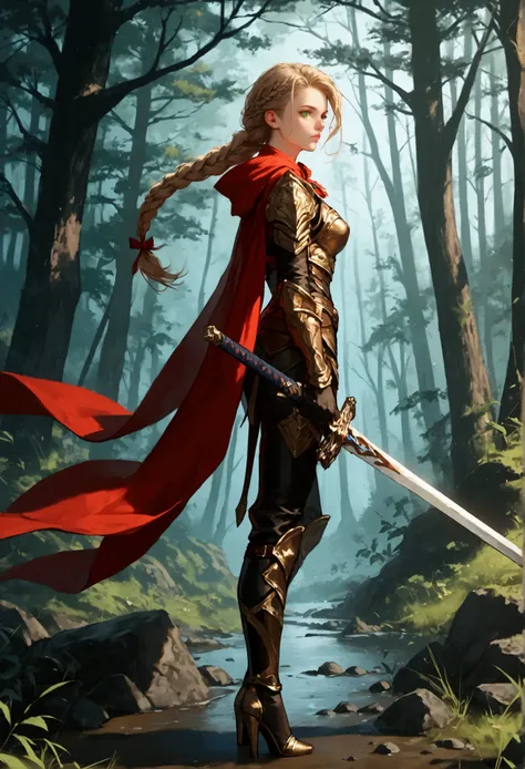 score_9, score_8_up, score_7_up, score_6_up, score_5_up, score_4_up, fantasy art, RPG art, Dark fantasy art, ultra wide shot, RAW, photorealistic, a picture of female human ranger, the ranger, an exquisite beautiful human woman, long blond hair, braided h...