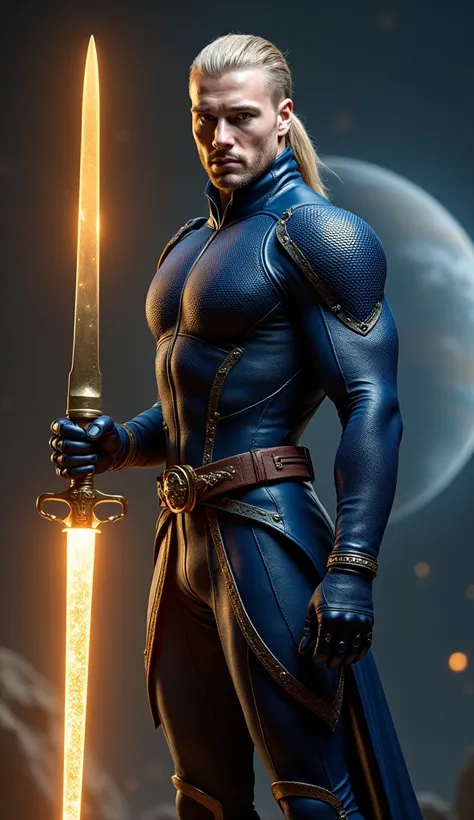 Full body photorealistic shots of handsome hunky slender dark blonde undercut ponytail haircut male Uranus Planet Prince, Warrior., wearing a navy micro scales textured tight fit leather spandex costume with gloves and belt and boots. Holding a magical glo...