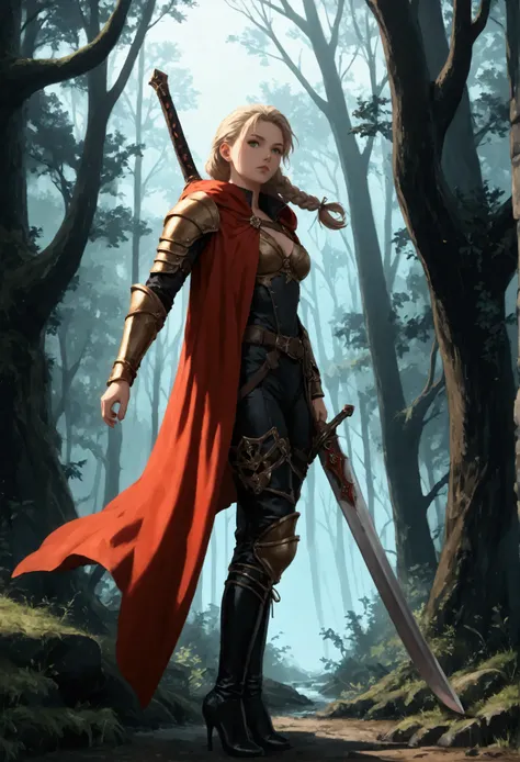 score_9, score_8_up, score_7_up, score_6_up, score_5_up, score_4_up, fantasy art, RPG art, Dark fantasy art, ultra wide shot, RAW, photorealistic, a picture of female human ranger, the ranger, an exquisite beautiful human woman, long blond hair, braided h...