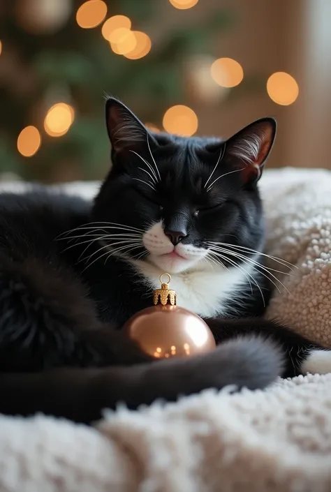 Calmed black and white cat curled up with a Christmas tree ball between its paws