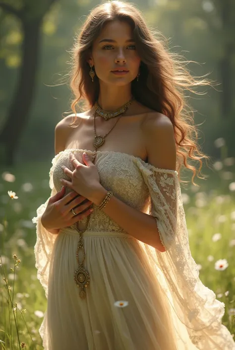  Beautiful girl with long wavy hair, bohemian dress, holding her breasts 