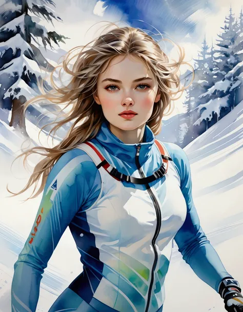 Female model in ski sprint, Horizontal fringe hair, super cute. Skisprint advertisement, Dynamic Motion, high-end fashion illustration, magazine illustration, watercolor illustration style, Womens ski sprint, Motion Blur, Iridescent pastel tones, (tachisme...