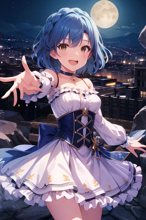 masterpiece,  top quality,  high definition , Shiny blue hair,  short hair, medium breasts,  Choker,  clevis on a stone, frills, gothic,  dress,  Long Sleeve ,  is reaching out , smile,  open mouth,   knight , city,  cowboy shot leading to the climax, moon...