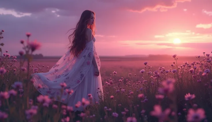 Create an image of a beautiful woman with long hair, wearing a long white skirt, and draped in a floral blanket, standing in a field of flowers. The entire scene should be bathed in purple-pink tones to reflect the twilight setting, with the sky transition...