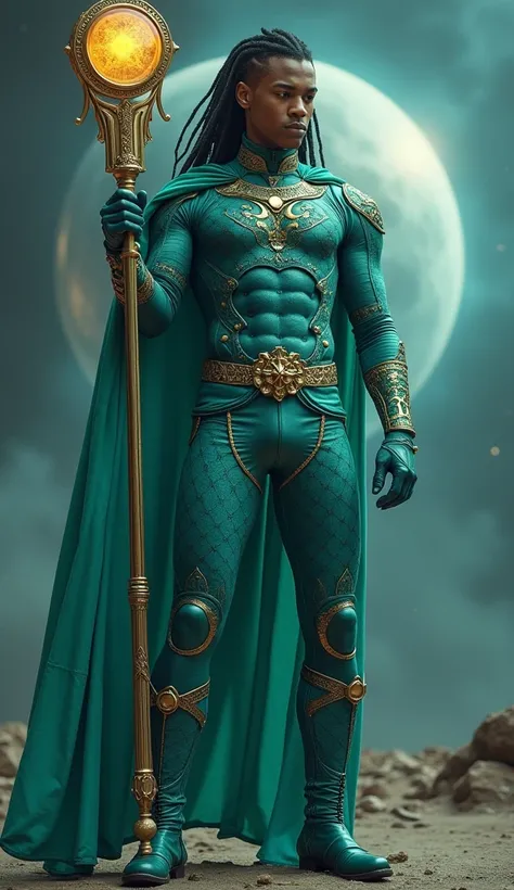 Full body photorealistic shots of handsome hunky slender teal dreadlocks haircut male Neptune Planet Prince, Warrior., wearing a teal micro scales textured tight fit leather spandex costume with gloves and belt and boots. Holding a magical glowing golden m...