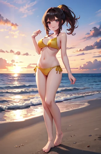  top quality、Complete limbs、 Full Finger 、 Beautiful 25 year old woman 、 slender beauty、 ponytail、 medium hair、Brown Hair、barefoot、(( yellow bikini))、 beautiful big breasts 、sunset、 beach 、Standing on  beach 、 horizon 、  Wind Blown Hair  、 big smile、 palm ...