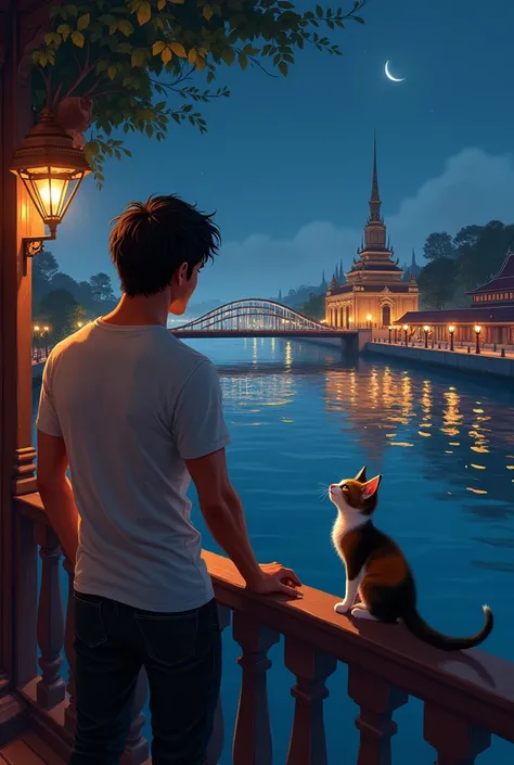 A cute three-color kitten with a handsome, dark, short-haired Thai man in front of him in the atmosphere of the terrace of a night house on the banks of the Chao Phraya River. There is a beautiful night light, a beautiful bridge scene, a beautiful building...