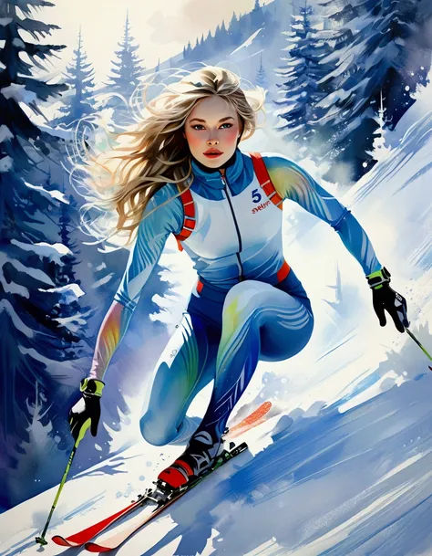 Female model in ski sprint, Horizontal fringe hair, super cute. Skisprint advertisement, Dynamic Motion, high-end fashion illustration, magazine illustration, watercolor illustration style, Womens ski sprint, Motion Blur, Iridescent pastel tones, (tachisme...