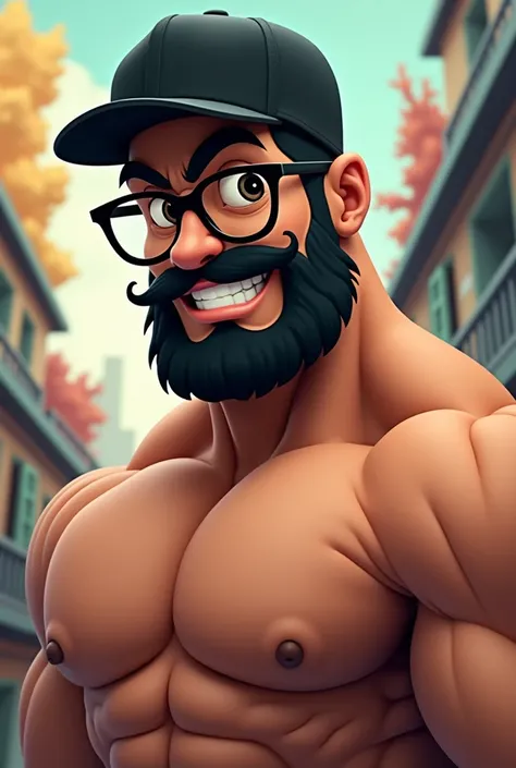 Cartoon-like image inspired by Classic Physique with short black beard, glasses and black cap, dark eyes.