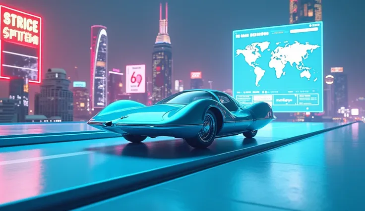 A car of the future without wheels is sliding at high speed on a smooth, blue track with side neon lights and a large projection of a computer screen in front of the car. It is a holographic type projection. The car is baby blue and is very different with ...