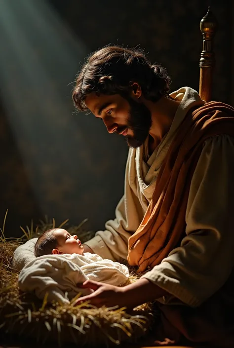  A scene illuminated by a faint and mysterious light ,  on the plane , de cuerpo entero,  there is the image of Saint Joseph in the nativity observing the newborn baby .  His figure is harmonious , illuminated by the faint light . She is accompanying Mary ...